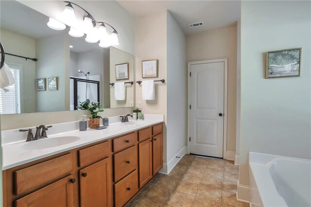 30 Lismore Way, Newnan, GA 30263 - full bathroom featuring a bath, double vanity, baseboards, and a shower