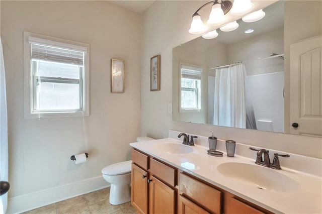 30 Lismore Way, Newnan, GA 30263 - bathroom featuring toilet, a shower with curtain, baseboards, tile patterned flooring, and double vanity