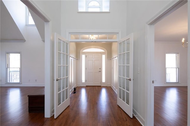 foyer entrance featuring plenty of natural light, french doors, and wood finished floors