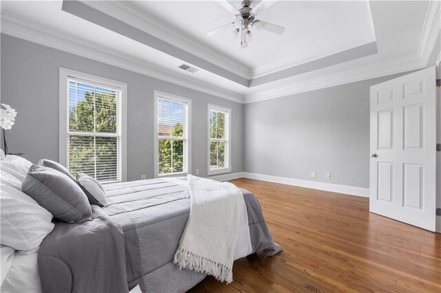 bedroom with a raised ceiling, multiple windows, wood finished floors, ornamental molding, and a ceiling fan