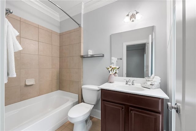 full bath with crown molding, toilet, vanity, shower / bath combination, and tile patterned floors
