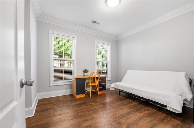 office area featuring crown molding, wood finished floors, and baseboards