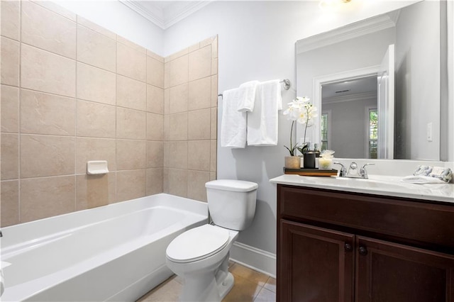 full bathroom with ornamental molding, toilet, baseboards, tile patterned floors, and vanity