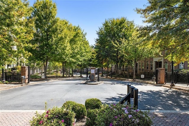 view of asphalt road featuring a gate, curbs, and a gated entry