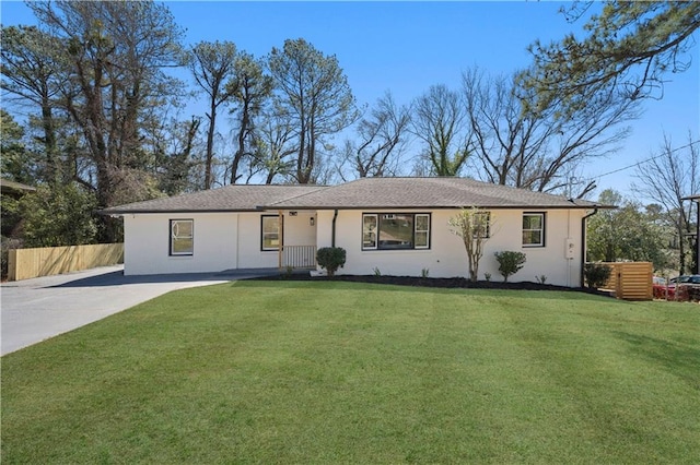 single story home with fence, a front lawn, and stucco siding