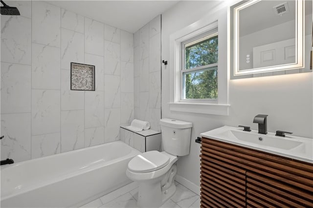 bathroom featuring toilet, visible vents, baseboards, marble finish floor, and tub / shower combination