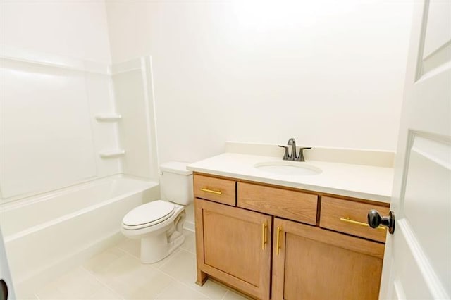 full bathroom with tile patterned flooring, vanity,  shower combination, and toilet