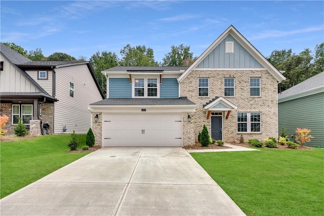 craftsman-style home featuring a front lawn and a garage