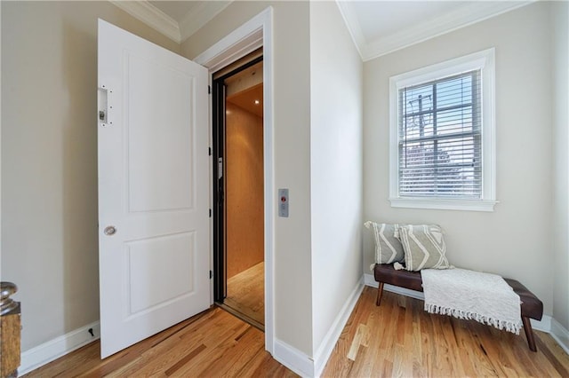 hallway with baseboards, light wood-type flooring, and ornamental molding