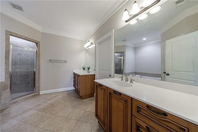 full bathroom with baseboards, visible vents, a stall shower, crown molding, and tile patterned floors