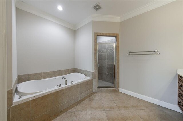 full bath with tile patterned flooring, visible vents, a shower stall, ornamental molding, and vanity