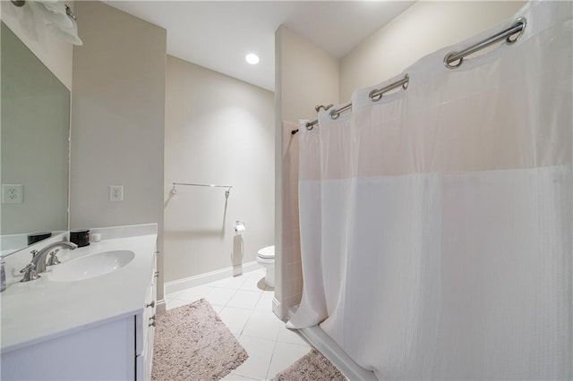 bathroom featuring tile patterned floors, curtained shower, toilet, and vanity