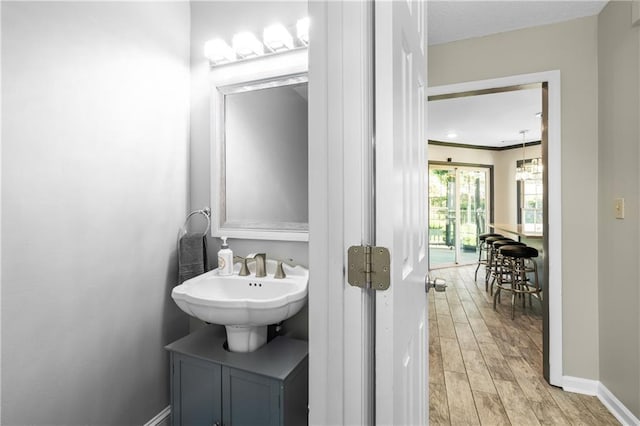 bathroom featuring ornamental molding, vanity, and hardwood / wood-style floors