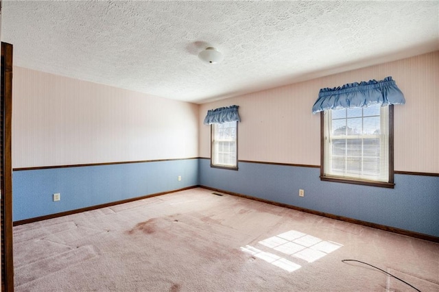 carpeted spare room with a textured ceiling