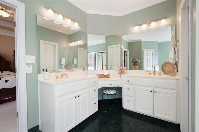 full bath with ornamental molding, a stall shower, vanity, ensuite bath, and tile patterned flooring