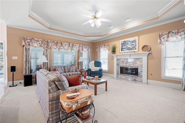 living room with a raised ceiling, light colored carpet, and plenty of natural light