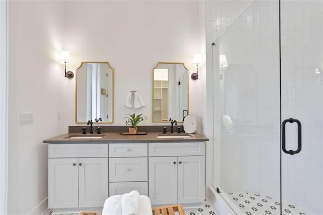 bathroom featuring vanity and a shower with door