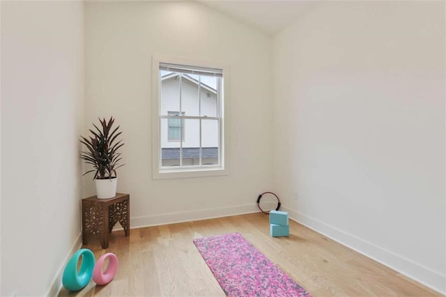 exercise room with light hardwood / wood-style floors