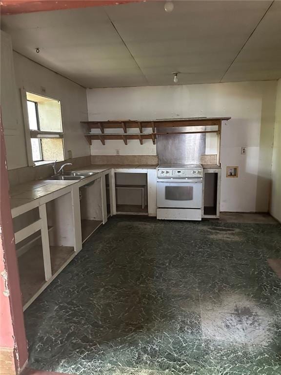 134 Cicero Trl, Dawsonville, GA 30534 - kitchen featuring tile countertops, electric range, and a sink