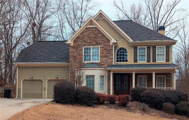 view of front of property with a garage, stone siding, french doors, concrete driveway, and a chimney