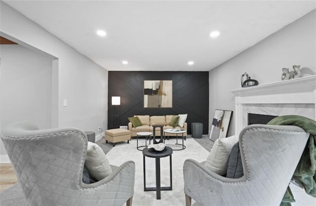 800 Post Road Cir, Stone Mountain, GA 30088 - living area with an accent wall, recessed lighting, a premium fireplace, and baseboards