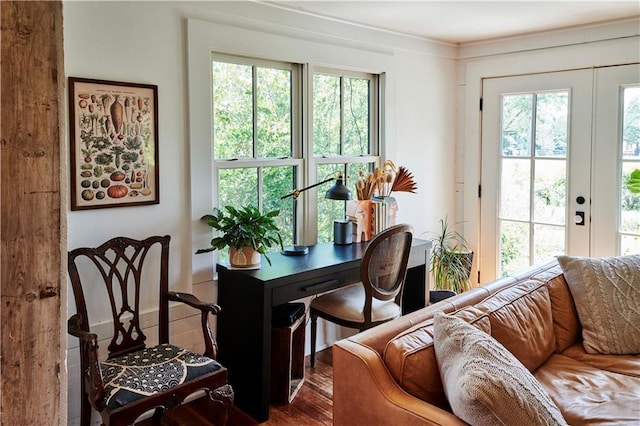 office area with hardwood / wood-style flooring and french doors