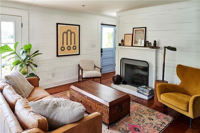 living room featuring a fireplace, dark wood-type flooring, and a wealth of natural light