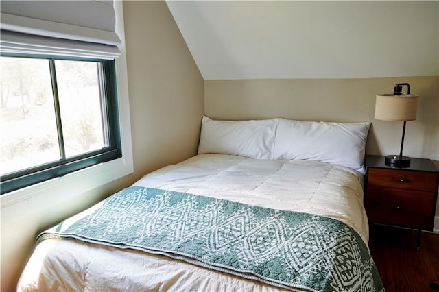 bedroom featuring vaulted ceiling and dark hardwood / wood-style floors