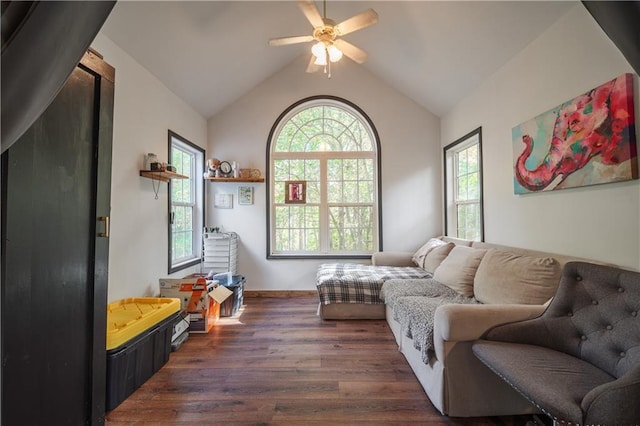 interior space featuring lofted ceiling, ceiling fan, and dark hardwood / wood-style flooring