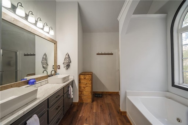 bathroom featuring shower with separate bathtub, vanity, and hardwood / wood-style floors