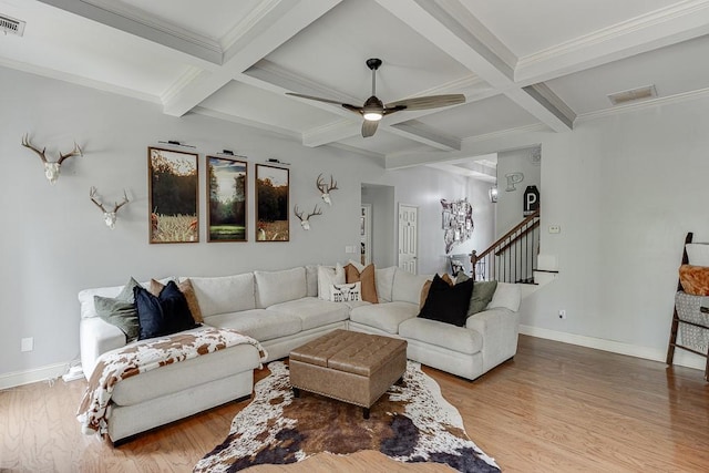 1751 Fire Side Ct, Jefferson, GA 30549 - living room featuring coffered ceiling, beamed ceiling, wood finished floors, stairway, and a ceiling fan