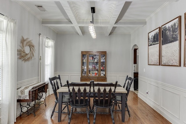 1751 Fire Side Ct, Jefferson, GA 30549 - dining space with arched walkways, wood finished floors, beamed ceiling, coffered ceiling, and a wainscoted wall