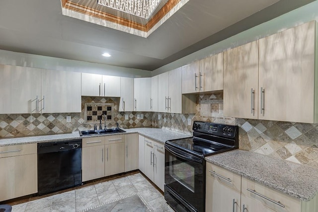 1751 Fire Side Ct, Jefferson, GA 30549 - kitchen featuring black appliances, backsplash, light stone countertops, and recessed lighting