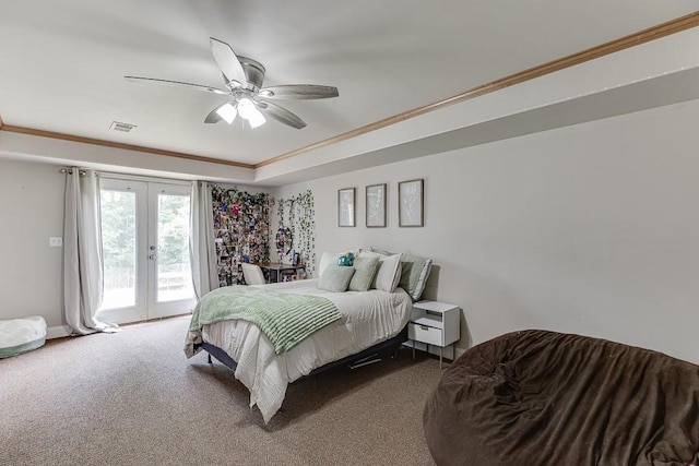 1751 Fire Side Ct, Jefferson, GA 30549 - carpeted bedroom featuring french doors, access to outside, ornamental molding, and a ceiling fan
