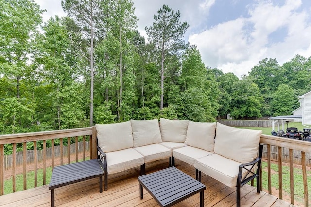 1751 Fire Side Ct, Jefferson, GA 30549 - wooden terrace with an outdoor hangout area and a fenced backyard