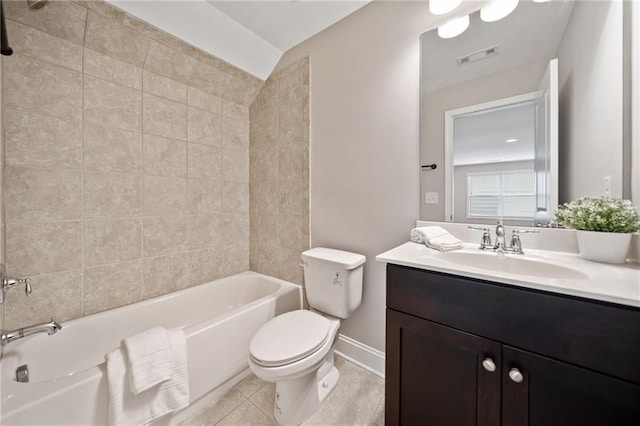 full bath with shower / tub combination, toilet, vanity, visible vents, and tile patterned floors