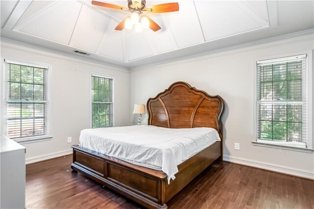 404 Summerchase Way, Woodstock, GA 30189 - bedroom with dark wood-style floors, baseboards, crown molding, and ceiling fan