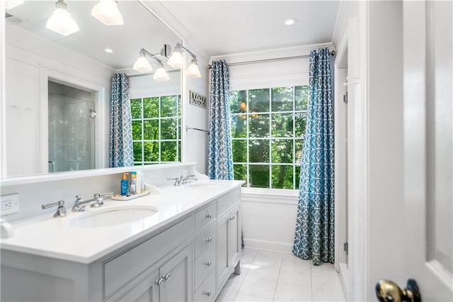 404 Summerchase Way, Woodstock, GA 30189 - full bathroom with double vanity, healthy amount of natural light, a shower with curtain, ornamental molding, and marble finish floors
