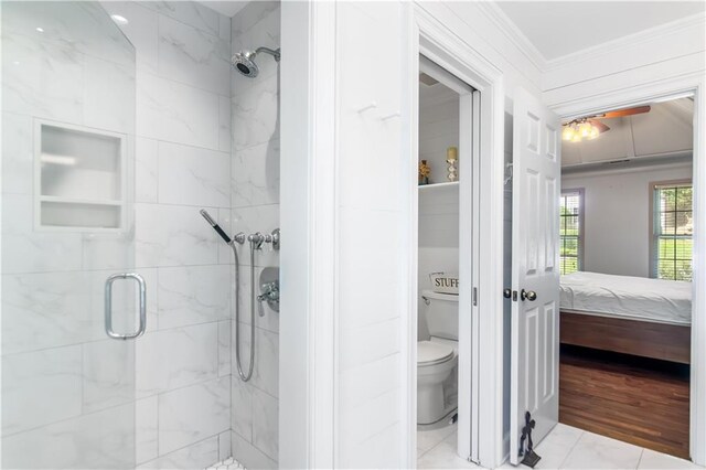 404 Summerchase Way, Woodstock, GA 30189 - ensuite bathroom featuring toilet, a marble finish shower, and crown molding