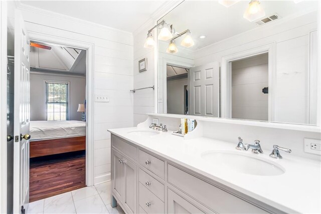 404 Summerchase Way, Woodstock, GA 30189 - bathroom with ornamental molding, double vanity, ensuite bath, and marble look tiles