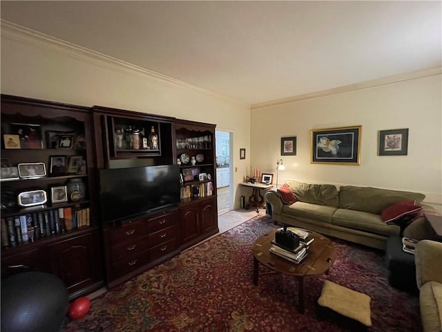 carpeted living room with ornamental molding