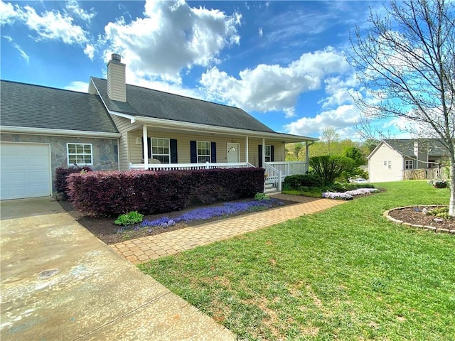 276 Arbor Gate Dr, Cornelia, GA 30531 - ranch-style house with covered porch, a front yard, an attached garage, a chimney, and driveway