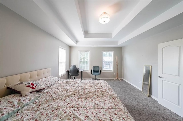 bedroom with carpet floors, a raised ceiling, and baseboards