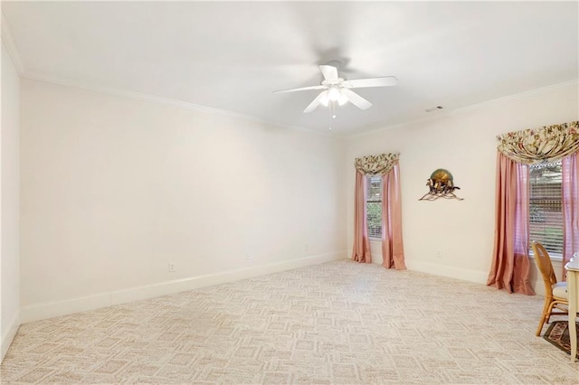 interior space with light carpet, crown molding, and ceiling fan