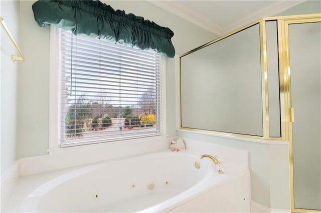 bathroom with shower with separate bathtub, crown molding, and a wealth of natural light