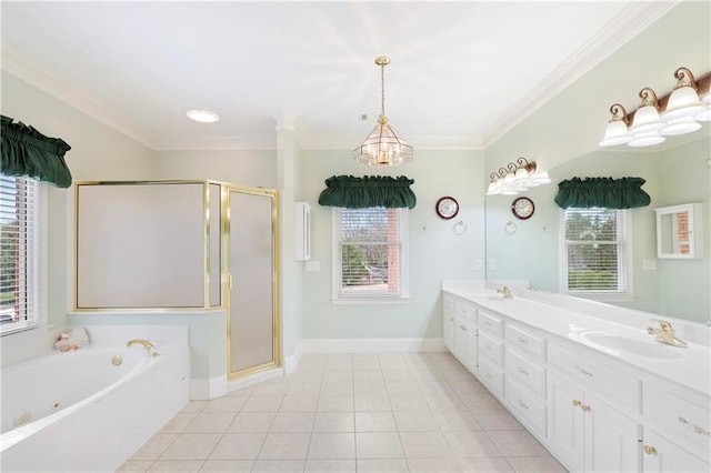 bathroom with a notable chandelier, double sink vanity, tile flooring, and separate shower and tub