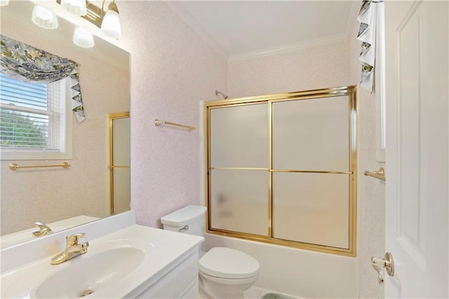 full bathroom with shower / bath combination with glass door, ornamental molding, toilet, and large vanity