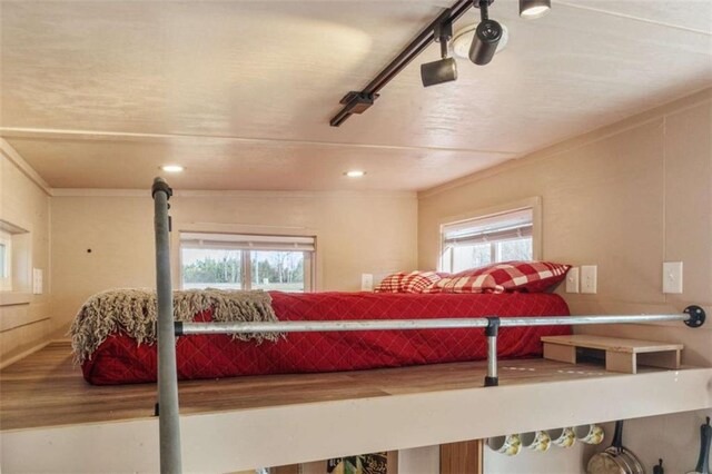 bedroom with ornamental molding and multiple windows