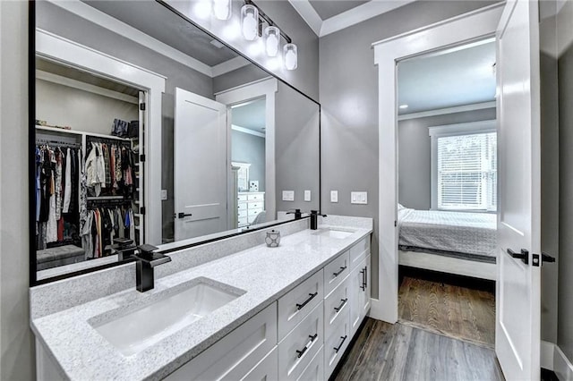 bathroom with wood-type flooring, vanity, and ornamental molding