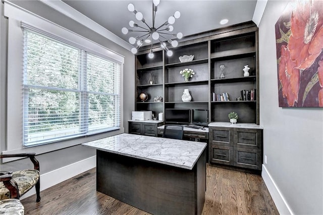 office area with an inviting chandelier and dark wood-type flooring